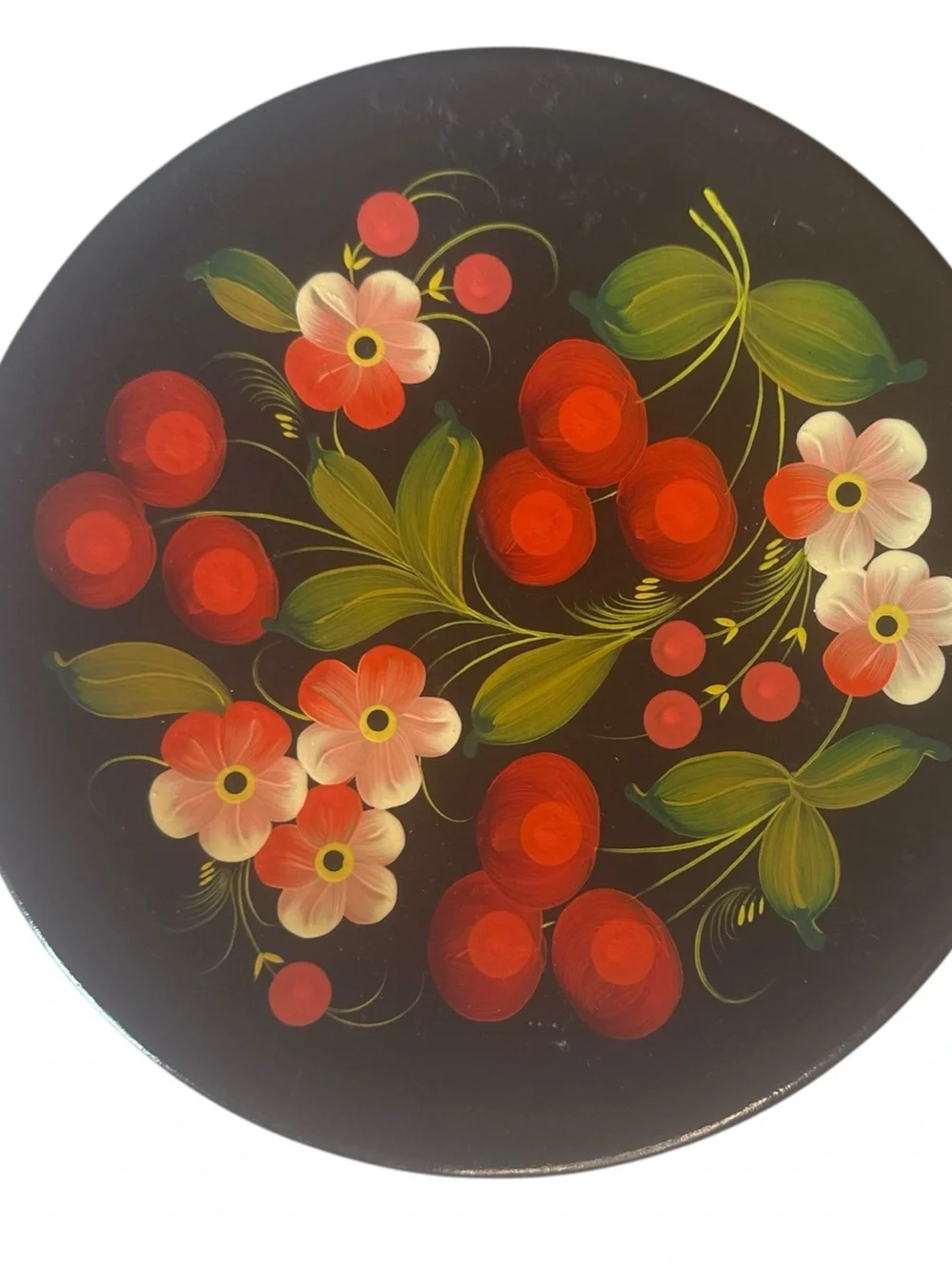 Hand Painted Wooden Floral Wall Plate Folk Art Black Red Flowers 10.5” Decor